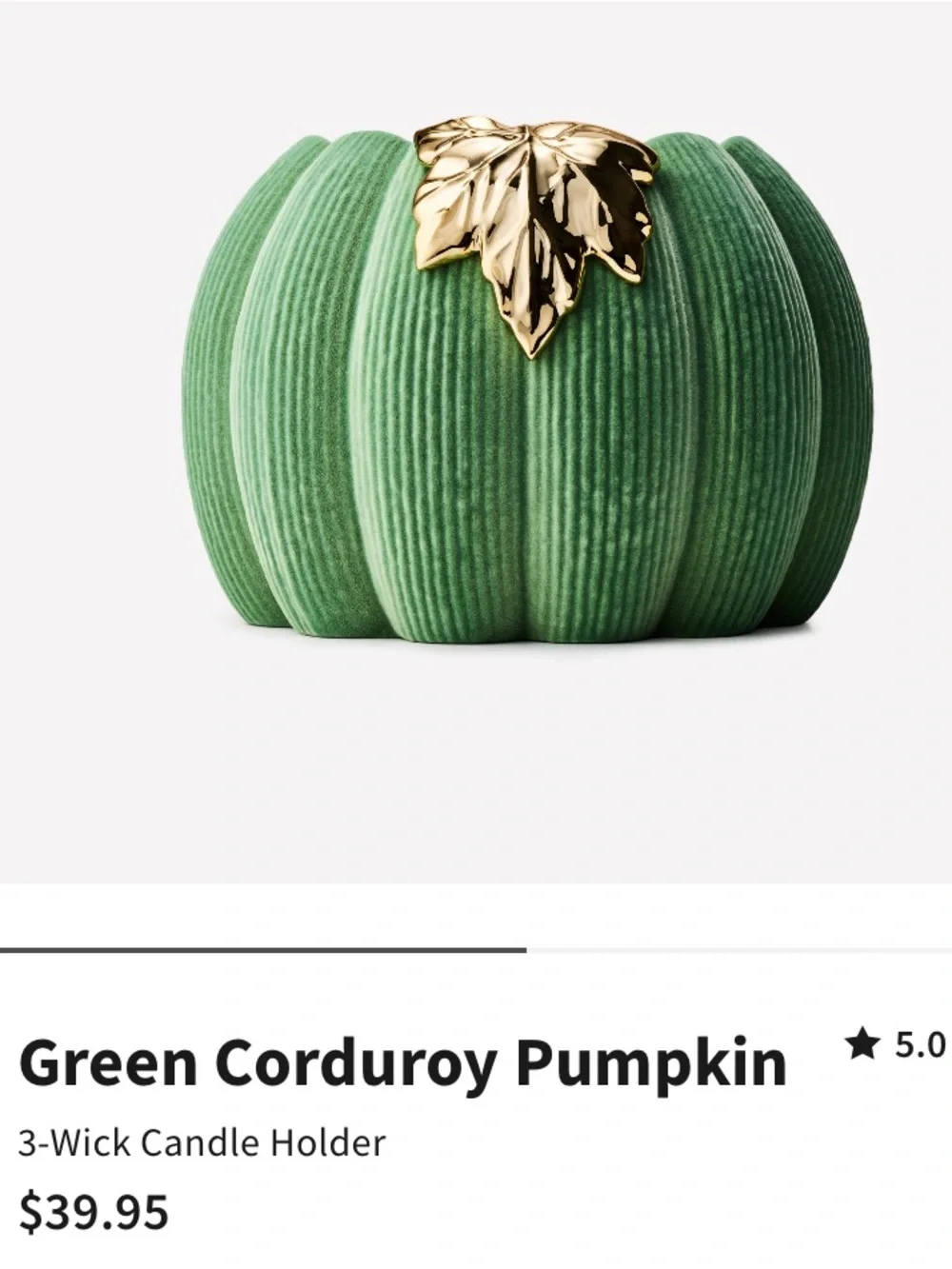 “Green Corduroy Pumpkin” 3-Wick Candle Holder by Bath & Body Works, NEW in Box